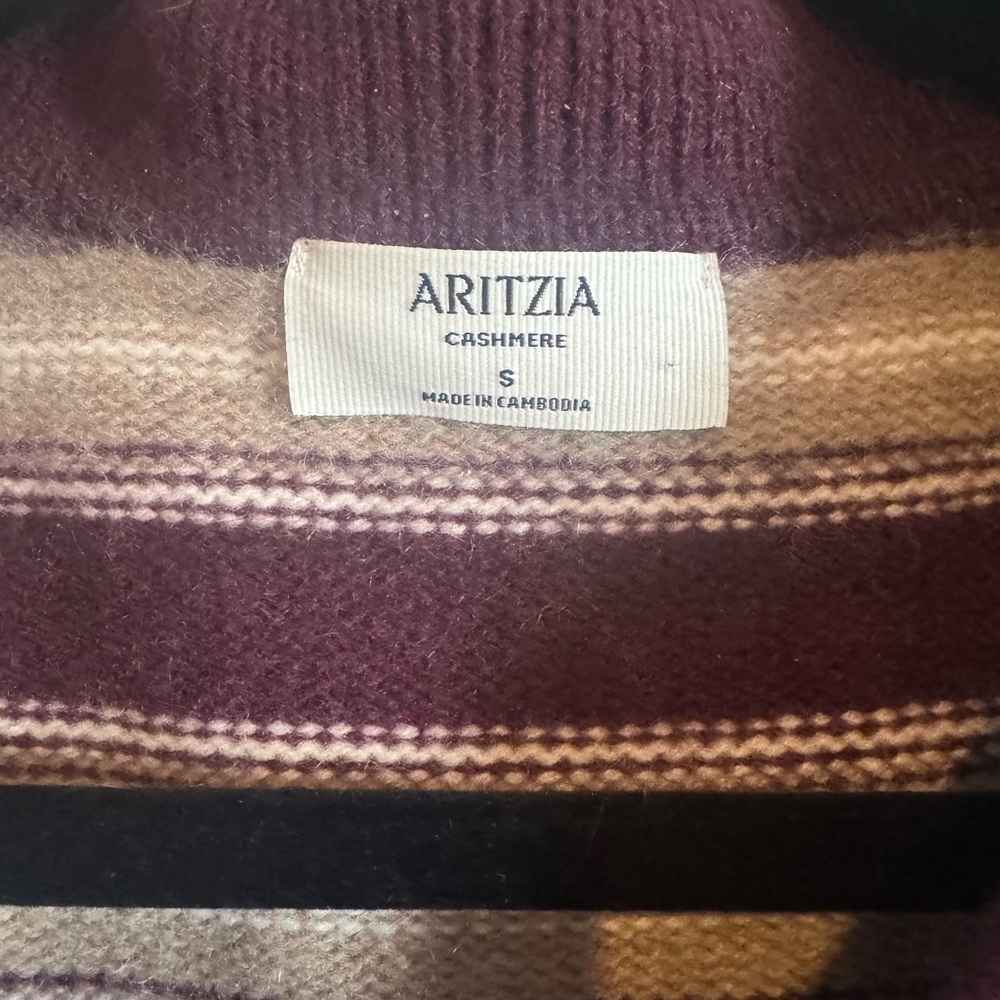 Aritzia Cashmere Striped V-Neck Sweater in Plum and Cream - Picture 2 of 2
